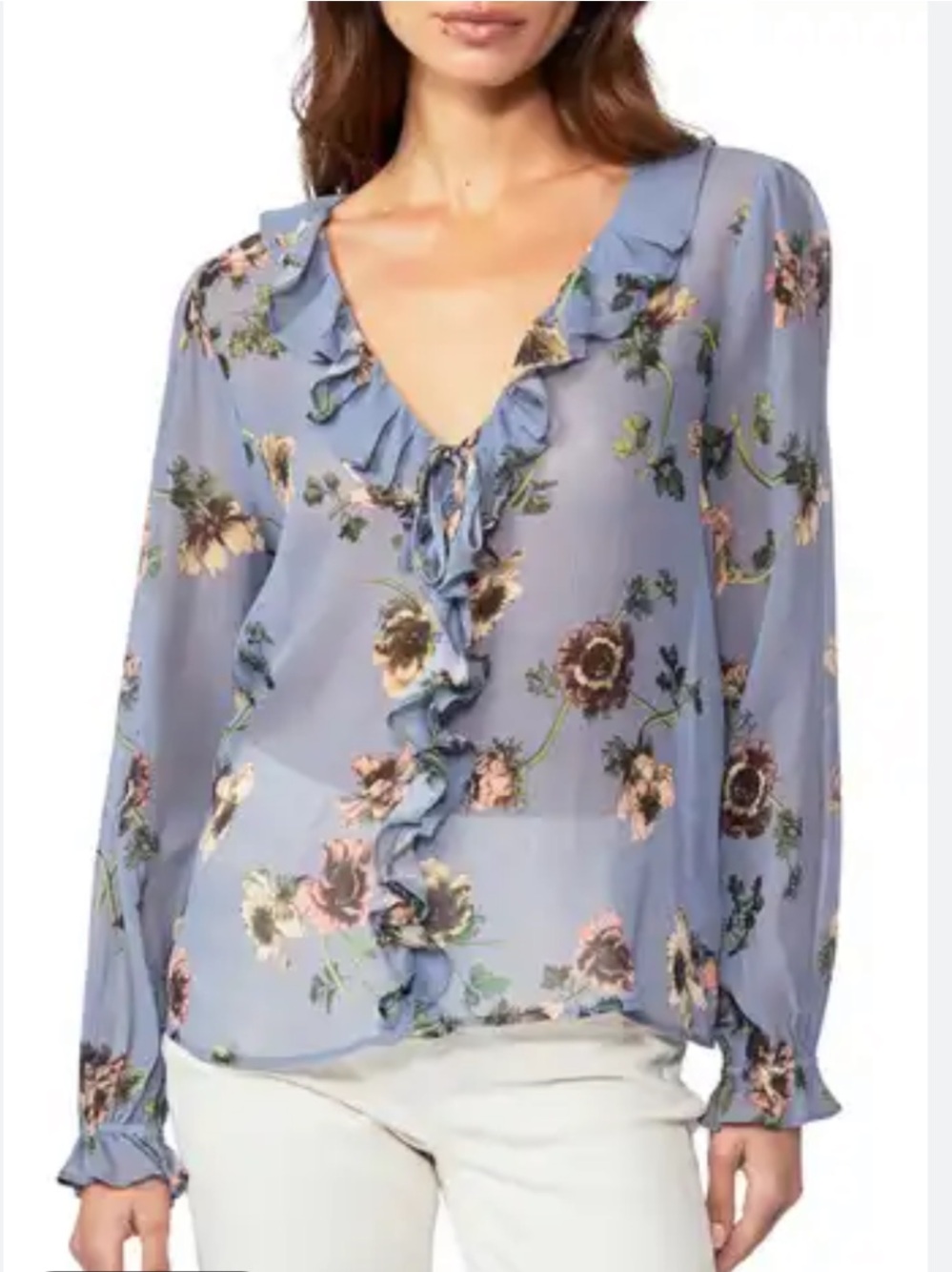 NWT PAIGE Karin Floral Ruffle V-Neck Blouse in Flint Dusty Blue Sz L